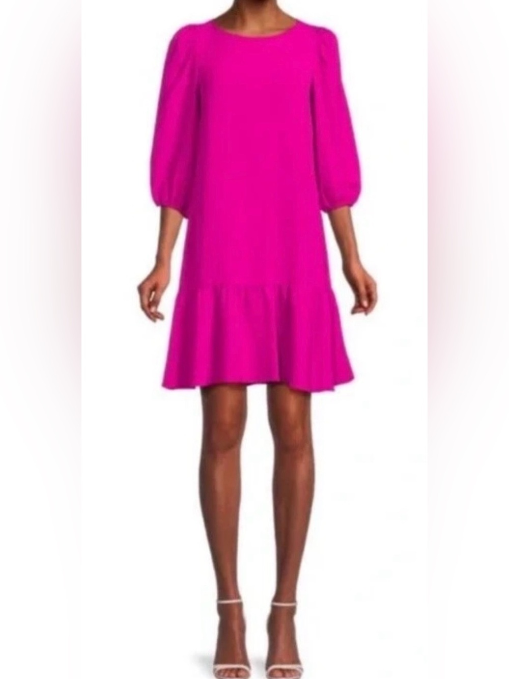 DKNY Ruffle Hem Balloon Sleeve Crewneck Shift Dress Size 2 Pink Drop Waist Party